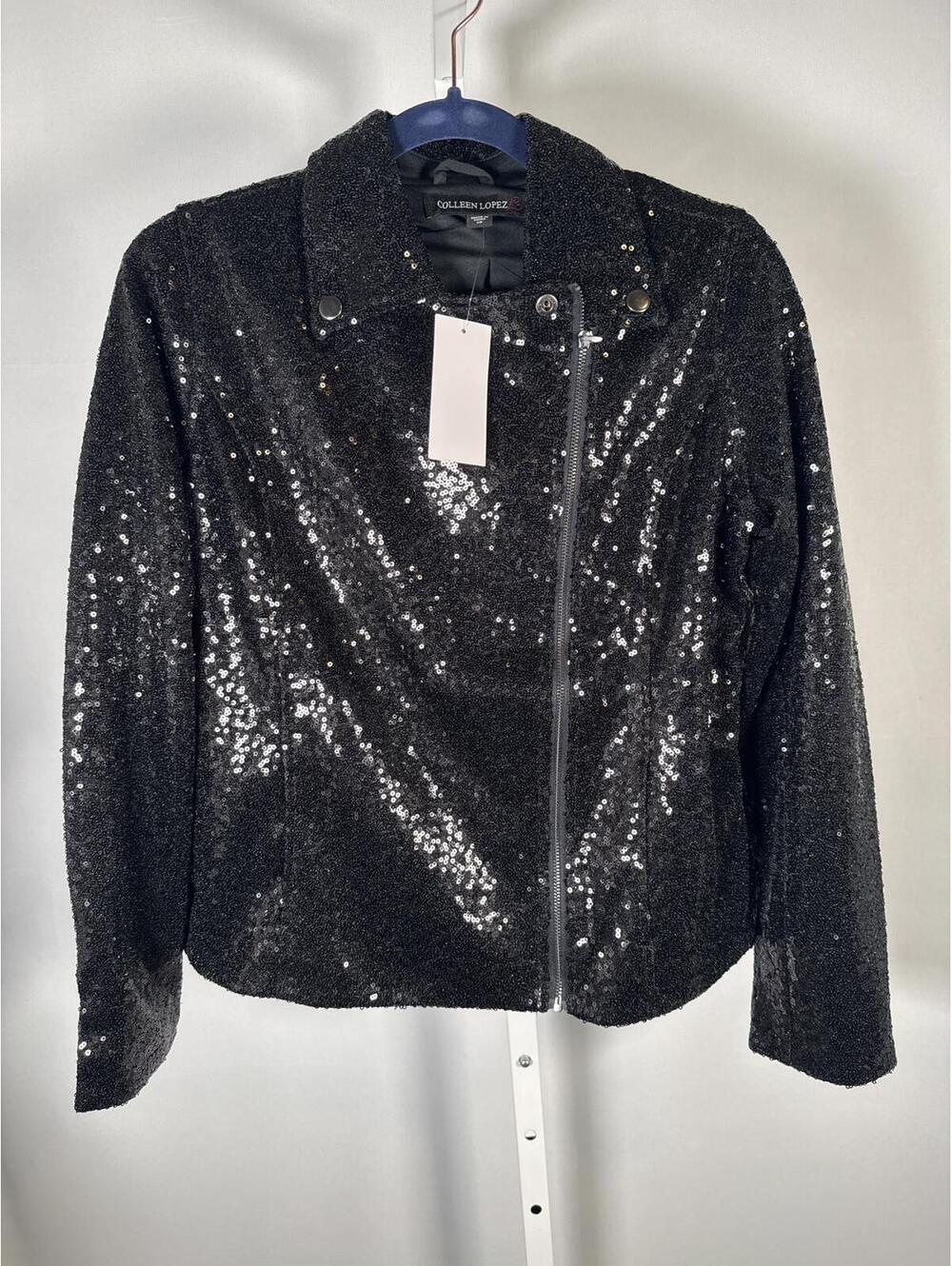 NWT Colleen Lopez Gunmetal Sequin Moto Jacket Sparkly Biker Blazer Size XS - Picture 3 of 7